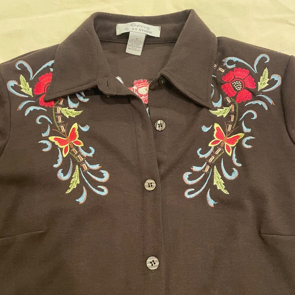 VTG Savvy‎ by DT Studio Brown Embroidered Butterfly Flower Button Shirt Womens M - Picture 2 of 8